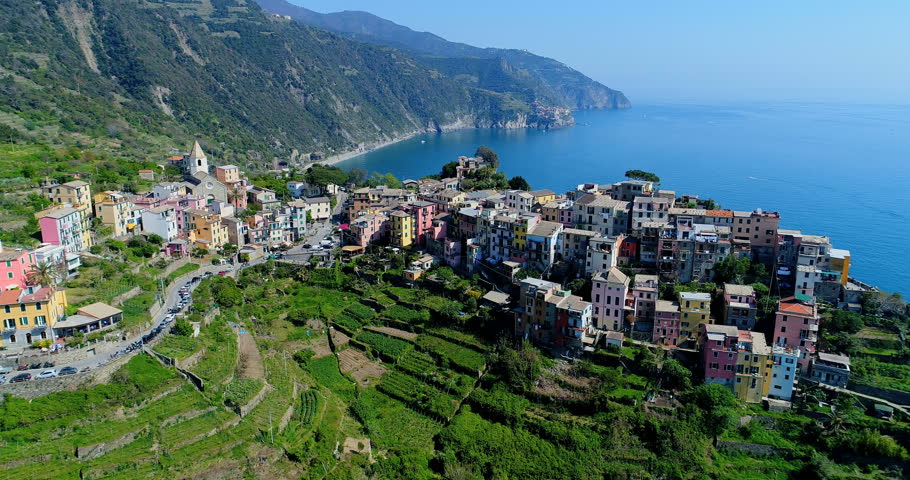 Stunning view of the beautiful and cozy village of Corniglia in the Cinque Terre Reserve an aerial view