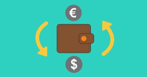 Animation of money sign in flat style - coins in motion - Euro to Dollar currency exchange with wallet