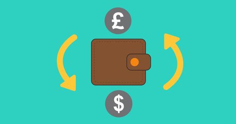 Animation of money sign in flat style - coins in motion - Dollar to Pound currency exchange with wallet