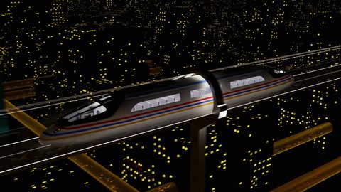 Concept of hyperloop. High-speed white passenger train moves straight in transparent glass tunnel against a background of dark night sky and yellow lights, seamless, looping element