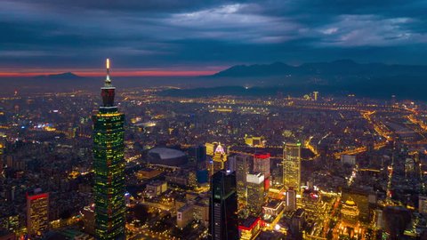 sunset sky taipei cityscape aerial downtown panorama 4k timelapse taiwan