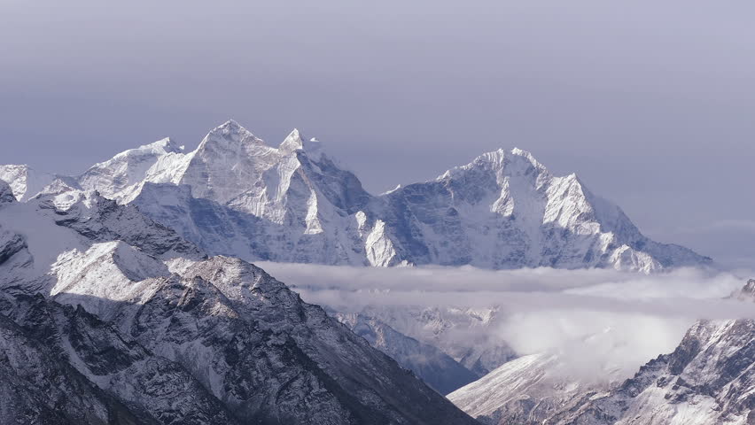Panorama of Himalayan peaks at sunrise. Nepal, Himalayas mountains.  Royalty-Free Stock Footage #1010998442
