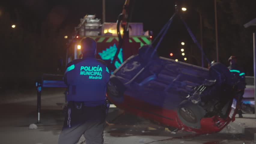 Firemen intervention in traffic accident. Madrid Spain.
 Royalty-Free Stock Footage #1011000941