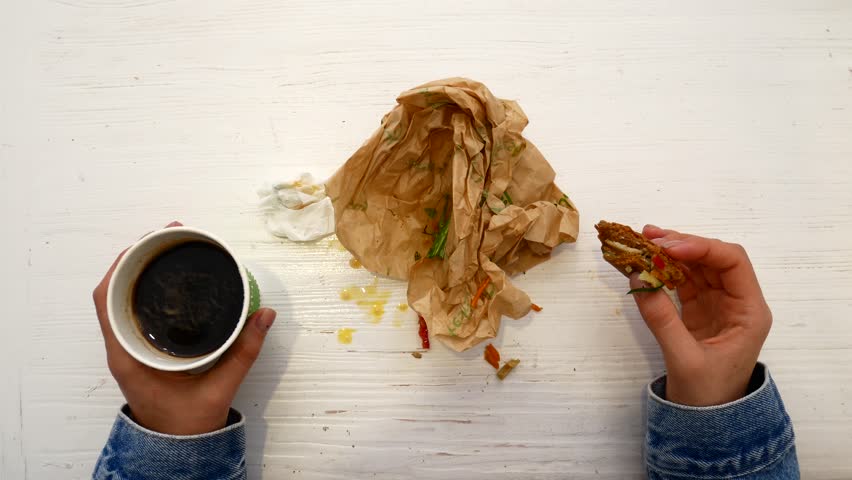 Woman eating sandwich, seating near the window in the cafe