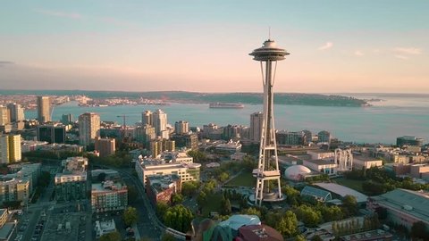 Seattle, Washington september-2017, Aerial view of Seattle at sunrise with Space Needle