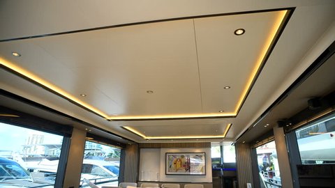 MIAMI – FEBRUARY 16: Elegant salon of a luxury yacht exhibited at the Miami Yacht Show on February 16, 2018 in Miami