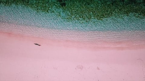 Pink Beach Komodo National Park Young Woman Walking On The Beach Aerial View 2 4K
