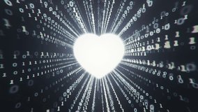 Animation of flying flickering digits from a heart sign or like symbol on dark background with light shine. Animation of seamless loop. - Powered by Shutterstock - Get 15% off with code: PIKWIZARD15