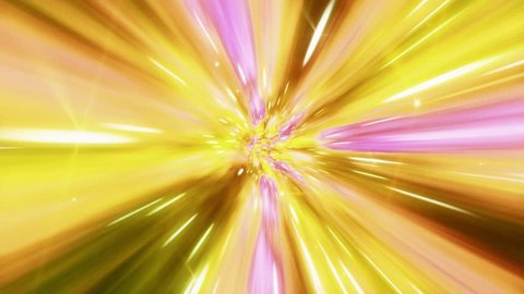 Seamless loop of interstellar travel through a yellow and pink wormhole filled with stars. Space journey through time continuum. Warp in science fiction black hole vortex hyperspace tunnel