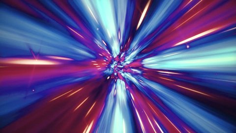 Seamless loop of interstellar travel through a blue and red wormhole filled with stars. Space journey through time continuum. Warp in science fiction black hole vortex hyperspace tunnel