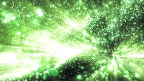 Space green background with particles. Space lime dust with stars. Sunlight of beams and gloss of particles galaxies. Seamless loop. Green screen.