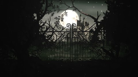 Old medieval and mystic castle in the night with iron gates and full moon. Vintage animation