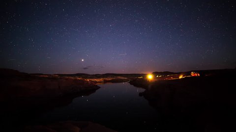 Time lapse of stars over campsites by water at Lake Powell as airplanes move through the sky.