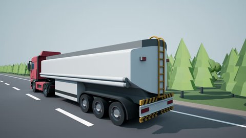 Back view camera follows euro petrol or oil tanker truck and driving on highway. Low poly graphics 3d cgi 4K 60 fps loopable animation.