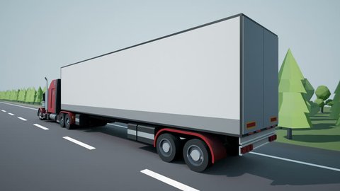 Back view camera follows American semi truck with cargo trailer driving on highway. Low poly graphics 3d cgi 4K 60 fps loopable animation.
