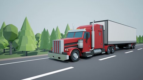 Front view camera follows American semi truck with cargo trailer driving on highway. Low poly graphics 3d cgi 4K 60 fps loopable animation.