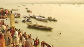 Time lapse Indian pilgrims rowing boat in sunrise, Ganges river at Varanasi, India. 4k footage video.