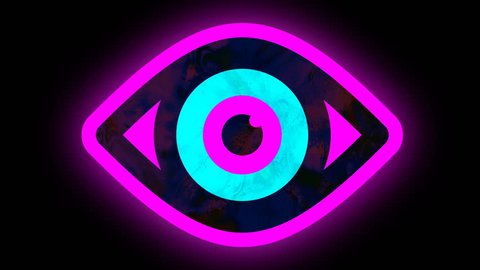 Shimmering vibrating open eye symbol, neon effect animation seamless loop 4K. Universal close up vintage dynamic animated colorful joyful cool video footage. Black Pink Blue colors