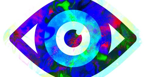 Shimmering vibrating open eye symbol, animation seamless loop 4K. Universal close up vintage dynamic animated colorful joyful cool video footage. White Pink Blue colors fluid vague texture