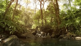 Water tumbles playfully over and around boulders at this miniature waterfall in a tropical rainforest wilderness area in Thailand. Ultra HD 4k video