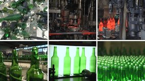 Collage montage of video footage clips showing glass bottle recycling and production equipment in industrial factory. Split screen. White angular corner frame. Full HD 1080p.