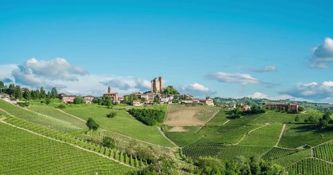 Serralunga d'Alba with vineyard hills. Langhe area, Piedmont region, Italy. aerial view. Aerial landscape beautiful green hills of vineyards of Tuscany and Piedmont, Italy. Region wine area monferrato