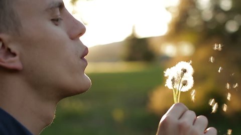 The man ineptly blowing down the fluff from the dandelion