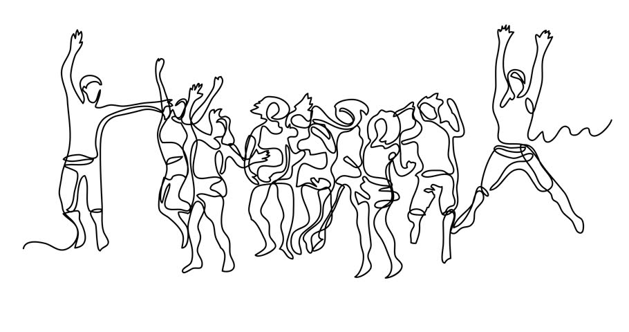 Self drawing animation of continuous line drawing of happy jumping people
