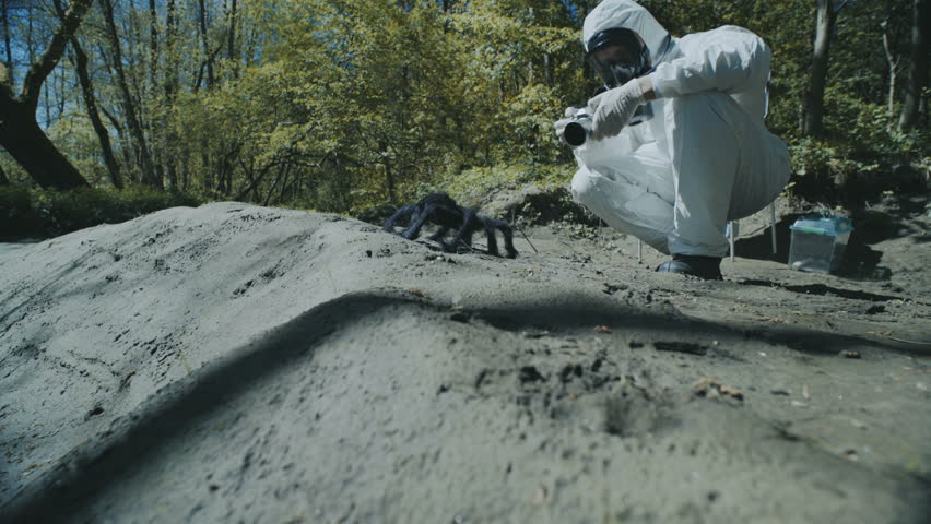 The scientist in a chemical protective suit takes pictures of a large spider on infected territory and makes notes in a notebook. Biohazard zone. 4K