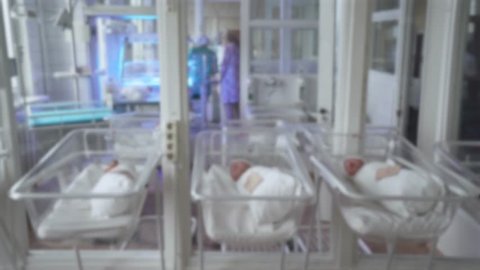 Blurred view of interior maternity hospital, newborn babies in cots.
