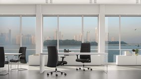 Empty modern office, island and metropolis with skyscrapers outside big window. Background Plate, Chroma Key Video Background
