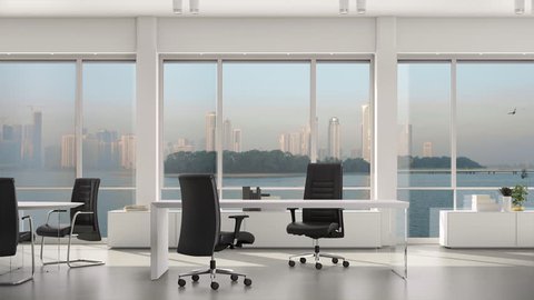 Empty modern office, island and metropolis with skyscrapers outside big window. Background Plate, Chroma Key Video Background : vidéo de stock