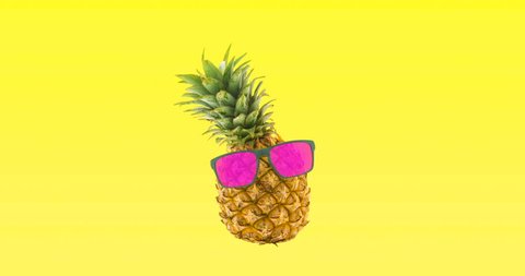 Pineapple dancing with pink glasses yellow background for beach party