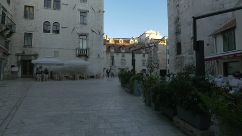 Split, Croatia - April, 2016: Outdoor restaurants and buildings in Trg Brace Radic (Brace Radic Square).