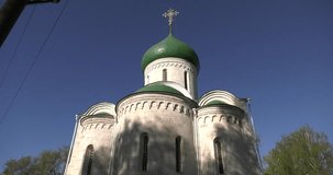 4K summer morning video footage view of medieval Pereslavl-Zalesskiy town center and white stone Vladimir Cathedral, park square and area around it, in Golden Ring Route 120 km from Moscow, Russia