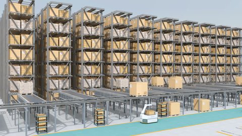 Modern Automated Logistics Center's interior. AGV and autonomous forklift carrying goods. Concept for automated logistics solution. 3D rendering animation