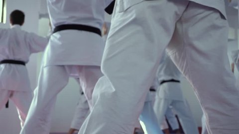 Slider shot of adults wearing black belts training karate lesson with a teacher.