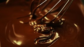 Chocolate. Mixing melted liquid premium dark chocolate with a whisk. Close up of liquid hot chocolate swirl. Confectionery. Confectioner prepares dessert, icing. 