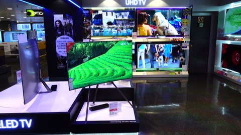MADRID, SPAIN - MARCH 27, 2018:  LCD TVs in supermarket of shopping center El Corte Inglés.