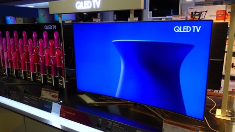 MADRID, SPAIN - MARCH 27, 2018:  LCD TVs in supermarket of shopping center El Corte Inglés.