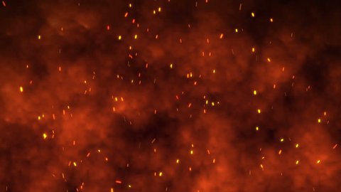 Fire flames with sparks flying glowing bonfire embers on red hellfire clouds of smoke. Available in FullHD video render footage motion graphic