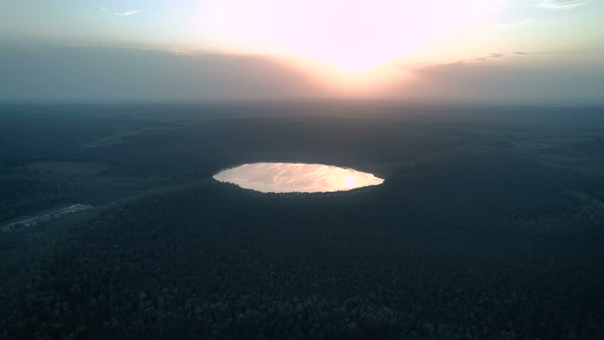 Sunset Over Forest Lake, Aerial View
