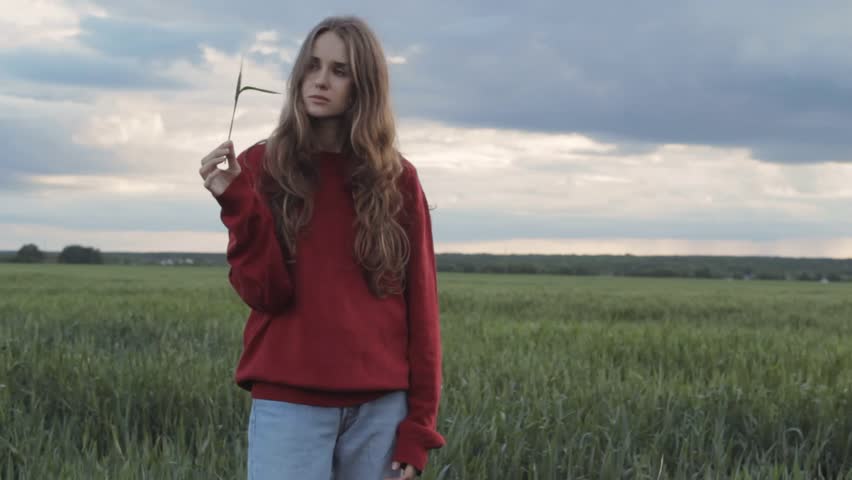 Pretty girl on field in red  | Shutterstock HD Video #1011195092