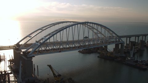 KERCH, RUSSIA, May 16, 2018: Aerial view of The Crimean Bridge, Kerch Bridge, colloquially the Kerch Strait Bridge with road and rail passages across the Kerch Strait, which will connect the Taman