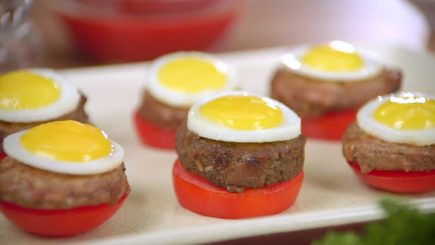 close up hand take egg-meat-tomato