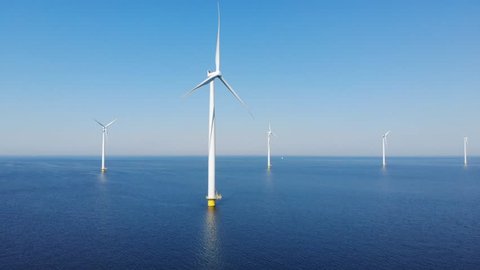 Wind turbine  aerial view, Drone view at windpark westermeerdijk a windmill farm in the lake IJsselmeer the biggest in the Netherlands,Sustainable development, renewable energy