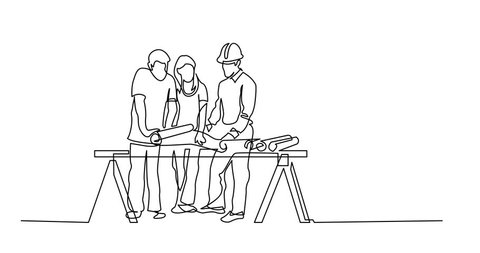 Self drawing animation of continuous line drawing of couple discussing construction plan with developer