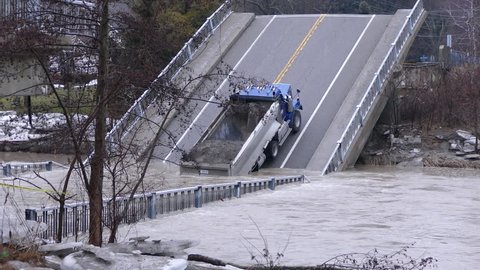 Port Bruce, Ontario, Canada March 2018 Bridge collapse into river during severe storm and flash flooding