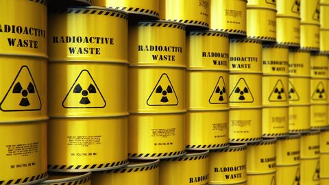 Nuclear power fuel manufacturing, disposal and utilization industry concept: 3D render of group of stacked yellow metal barrels, drums or containers with poison dangerous hazardous radioactive waste