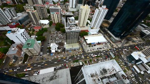 Panama City, Panama, Central America - 10 January 2018. Flying vertical shot looking down over downtown at Panama city, Central America